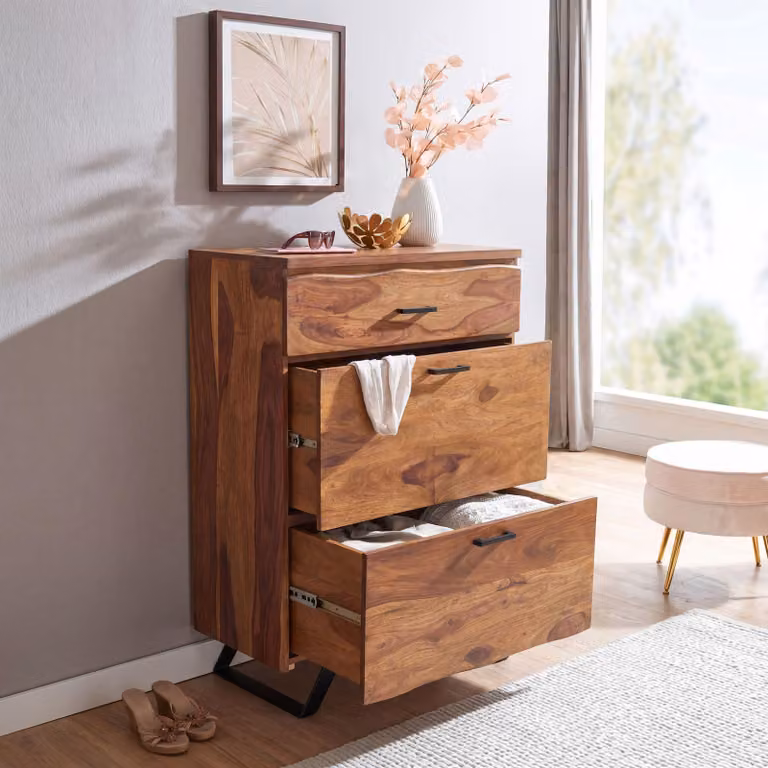 FineBuy cassettiera 80x120x41,5 cm in legno massiccio di sheesham / metallo cassettiera da corridoio credenza alta con bordo ad albero cassettiera in legno mobile da terra moderno