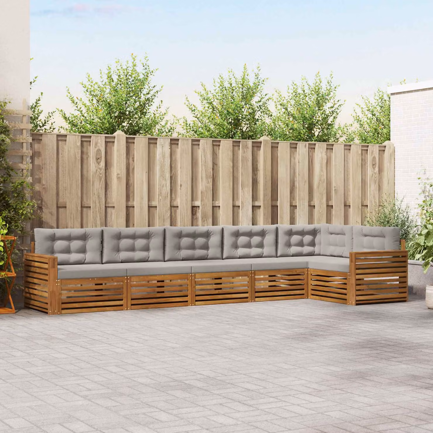 Set di divani da esterno vidaXL a forma di L in legno di acacia con cuscini, 6 pezzi, Grigio