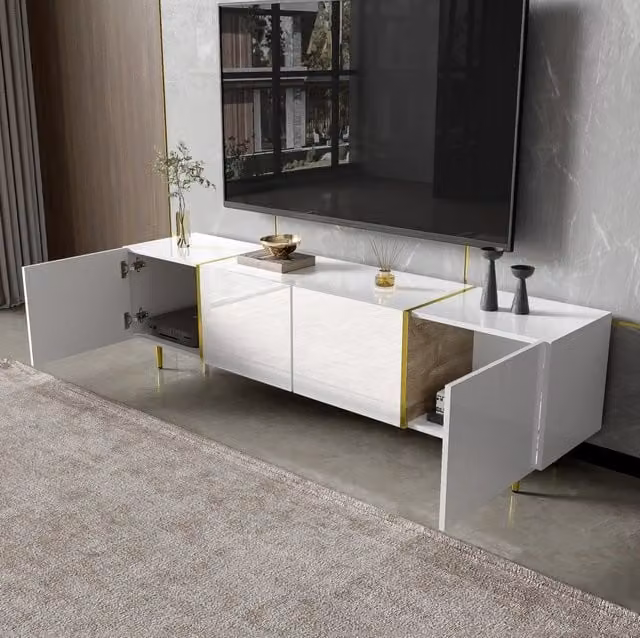 Mobile TV ULEVR 170x35x46 cm con 4 ante a chiusura ammortizzata, MDF bianco lucido con dettagli dorati