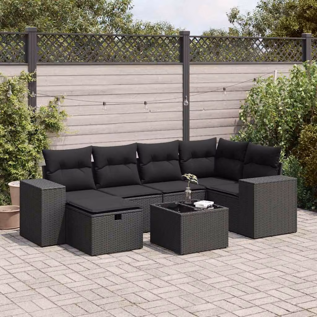 Set Divano da Giardino a L vidaXL con 7 Pezzi, Colore Nero, con Cuscini e Tavolino da Esterno