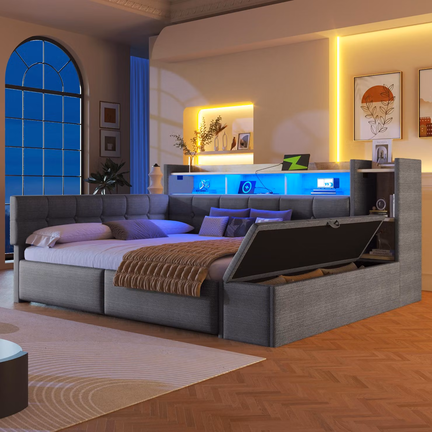 Divano letto Fliek 140x190 cm con poggiapiedi idraulico, letto imbottito matrimoniale con funzione di contenitore e pelle, letto per ragazzi in velluto con ripiani, grigio