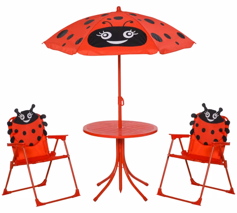 Set Tavolino e 2 Sedie Pieghevoli da Giardino per Bambini con Ombrello Rosso Coccinella