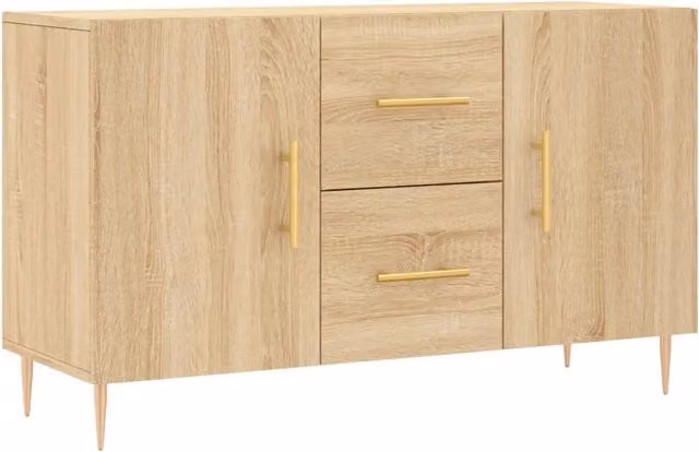 Credenza moderna in legno multistrato color rovere con dettagli in metallo per soggiorno o sala da pranzo L: 100 cm, P: 36 cm, H: 60 cm