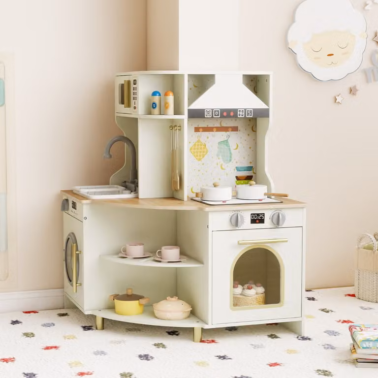 Cucina giocattolo angolare in legno Costway con rubinetto, lavandino, microonde e lavastoviglie, Beige