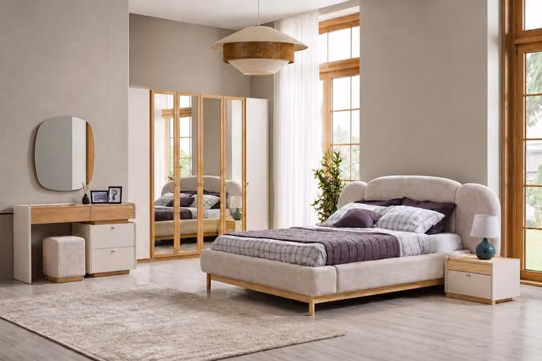 Set di mobili in stile minimalista: letto, armadio, 2 comodini