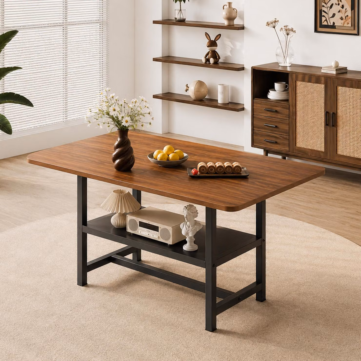Tavolo da pranzo rettangolare, dimensioni 160x90x76 cm, design industriale, ripiano inferiore, gambe in metallo (color nero e noce)