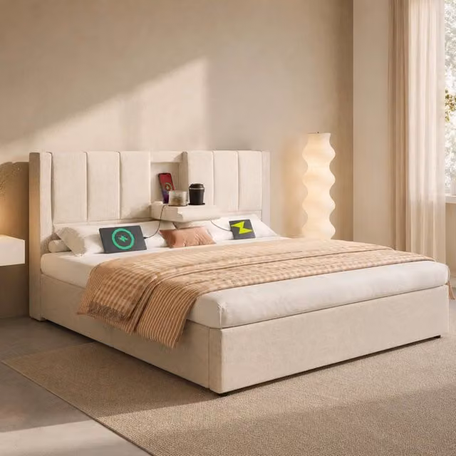 Letto contenitore Mivray con testiera imbottita, ricarica USB e Type-C e portabicchieri, lino beige, L 140 cm x P 200 cm