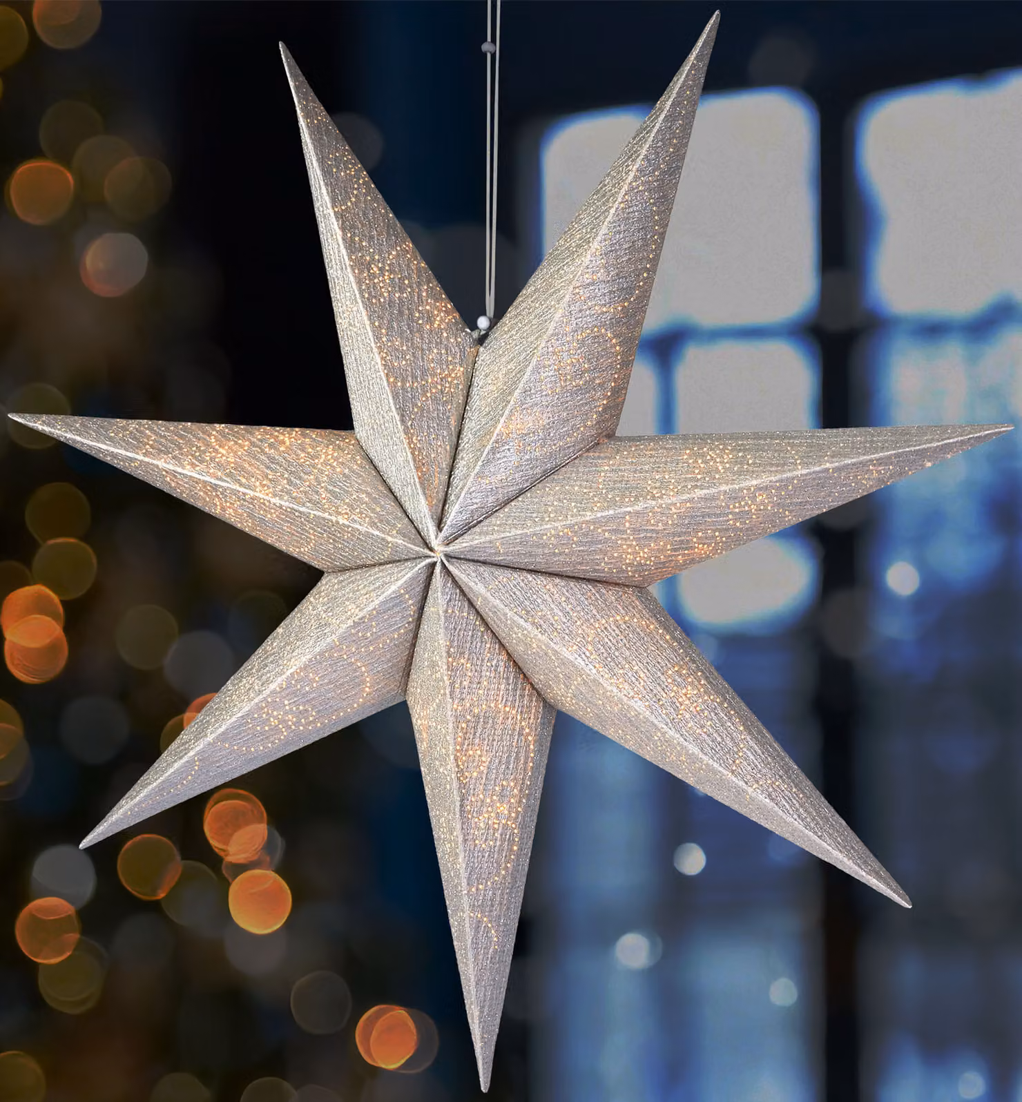 BRUBAKER Stella di Natale da 60 cm per interni - Stella dell'Avvento con presa E14 da appendere con cavo da 3,5 m - Stella di carta 3D, argento