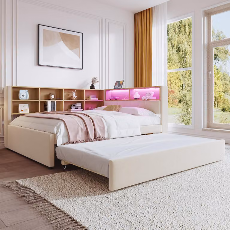 Divano letto Sweiko 140x200, letto estraibile 90x190, dotato di luci LED, prese e numerosi vani portaoggetti, letto imbottito, divano letto multifunzionale, letto singolo, flanella, beige.