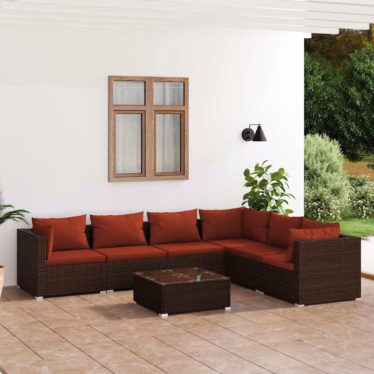 Set da giardino vidaXL composto da 7 pezzi con divani, tavolino e cuscini in polyrattan marrone e struttura in acciaio con sedute imbottite