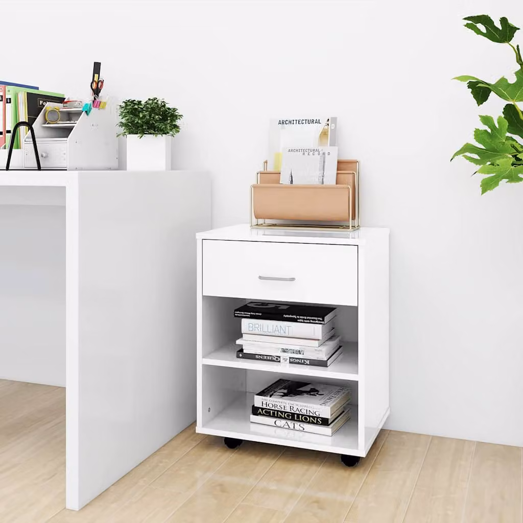 Mobiletto con Ruote vidaXL Bianco Lucido in Legno Multistrato L: 46 cm, P: 36 cm, H: 59 cm