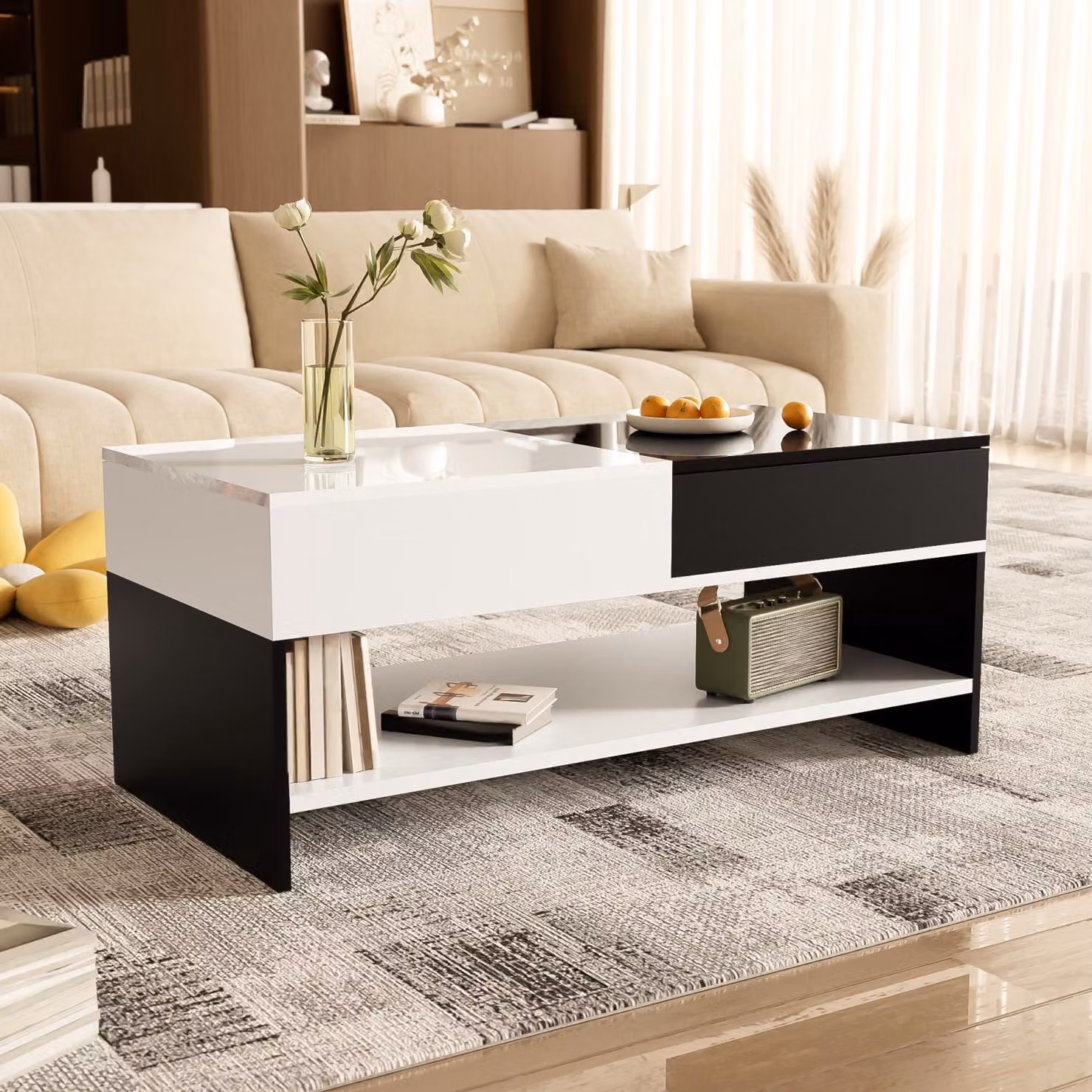 Tavolino con 2 cassetti - Design bianco e nero, spazio per riporre oggetti, piano lucido, 100 cm