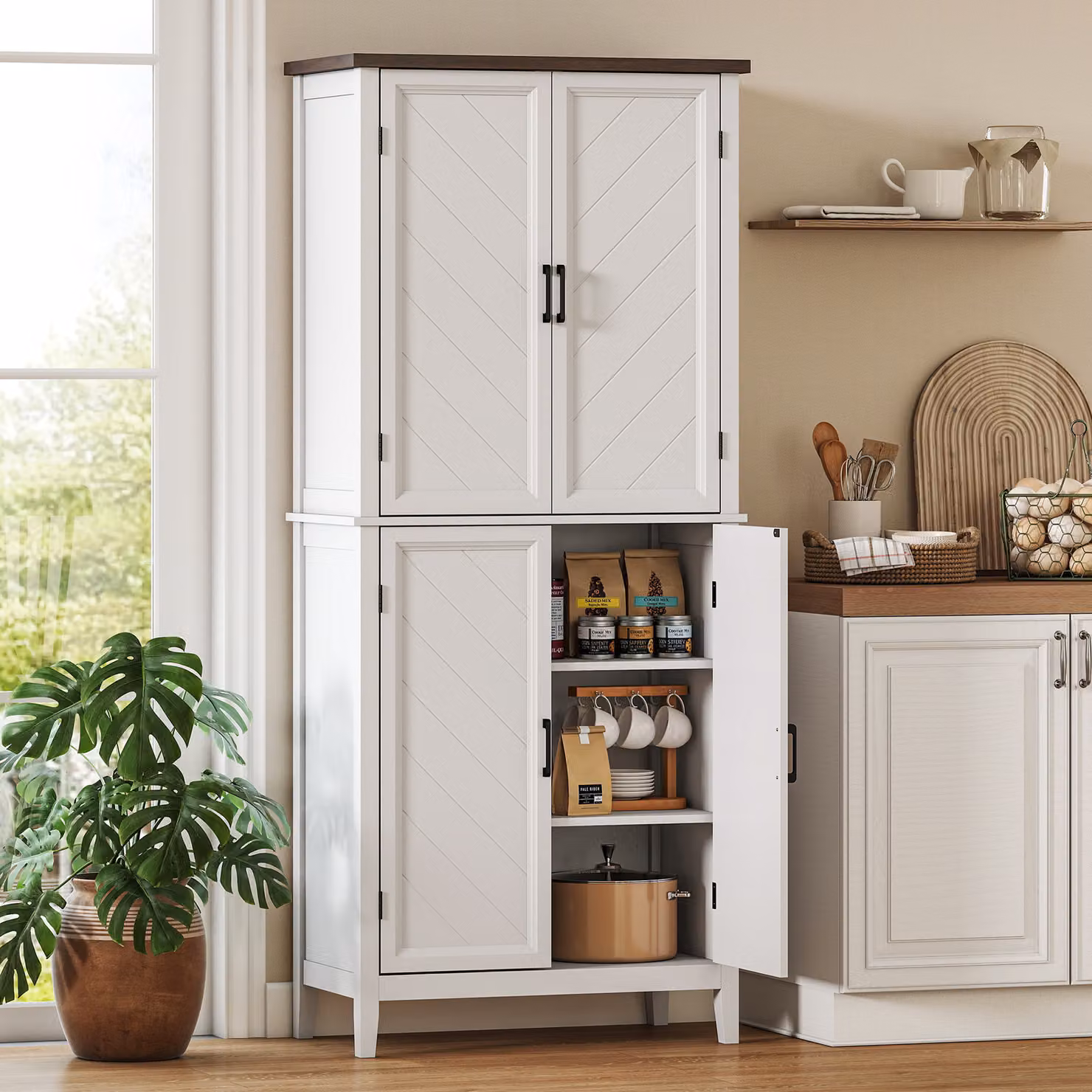 Credenza Alta HOMCOM per Cucina e Soggiorno, Armadio con 4 Ante a Spina di Pesce e 4 Ripiani Regolabili, Bianco, L: 76 cm, P: 40 cm, H: 178,5 cm – 2