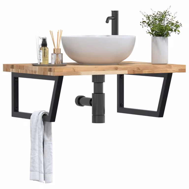 vidaXL Ripiano a Parete per Lavabo in Accacia e Acciaio, Nero e Marrone