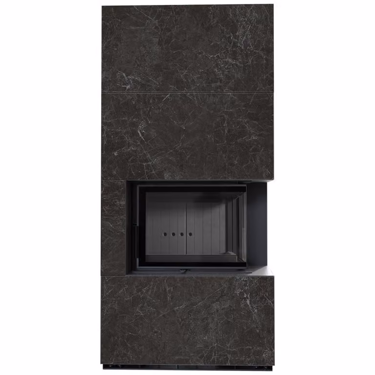 Kit caminetto KRATKI FLOKI BOX destro 8 kW Ø 160 Quarzo sinterizzato NATURALI NERO GRECO rivestimento nero