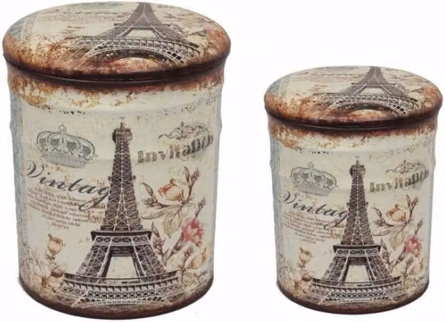 Set 2 Pouf Contenitore Tondo in MDF Torre Eiffel