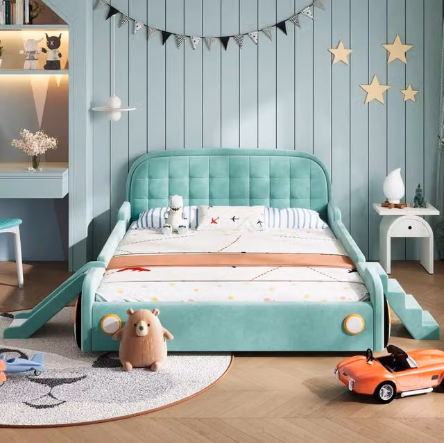 Letto per bambini 140x200 cm a forma di auto con scivolo e scala reversibili in velluto blu-verde