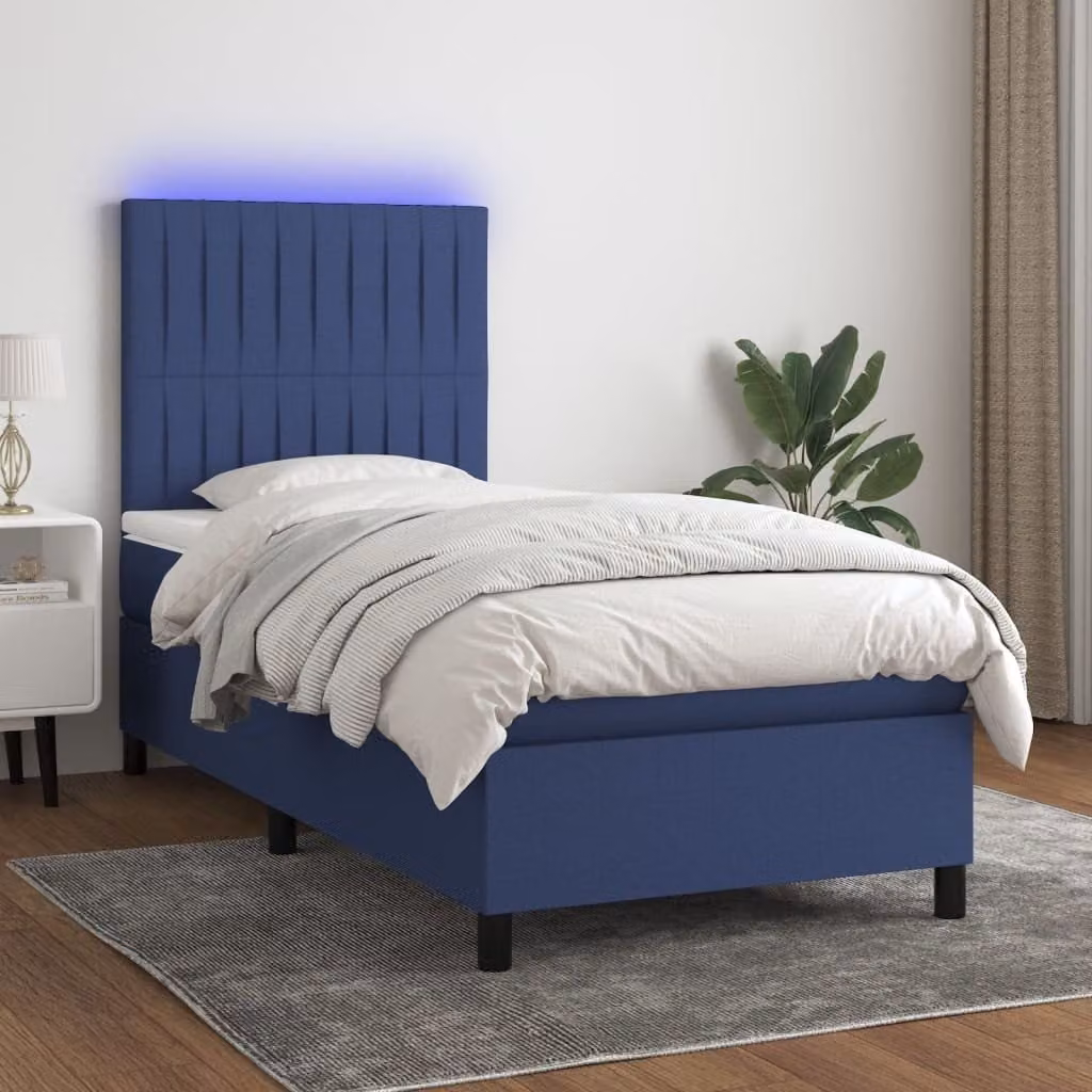 The Living Store Letto a molle con materasso e LED Blu 90x190 cm in tessuto