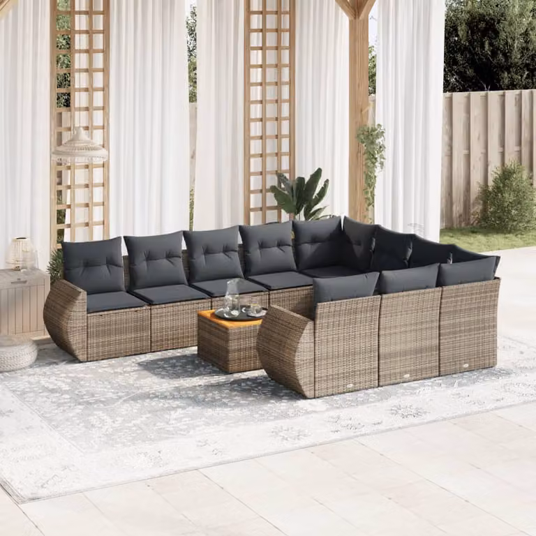 vidaXL Set Divani da Giardino 11 pz in Polyrattan Grigio con Cuscini e Tavolino da Esterno