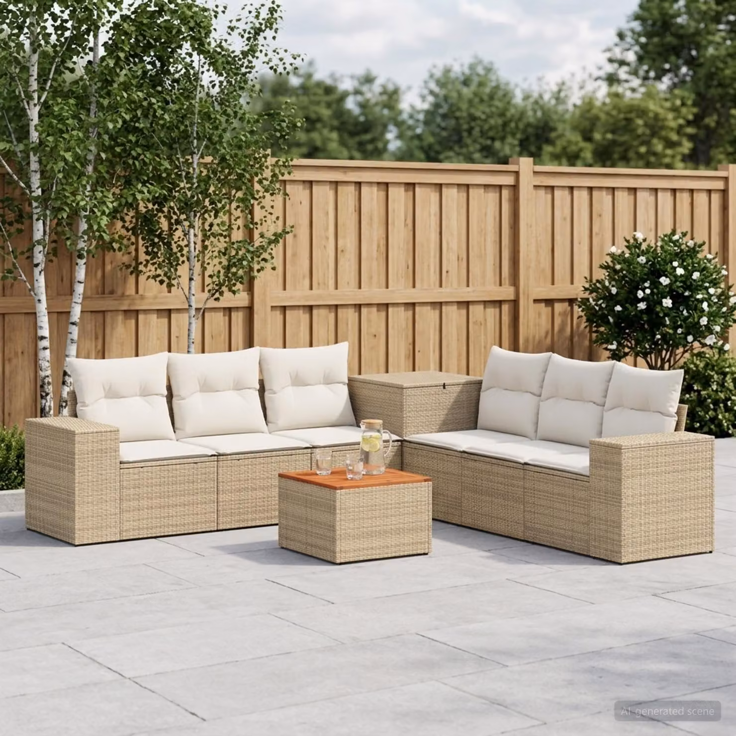 Set di divani da giardino vidaXL in polyrattan beige e bianco crema, composizione a forma di U con 8 pezzi inclusi cuscini e tavolino da caffè