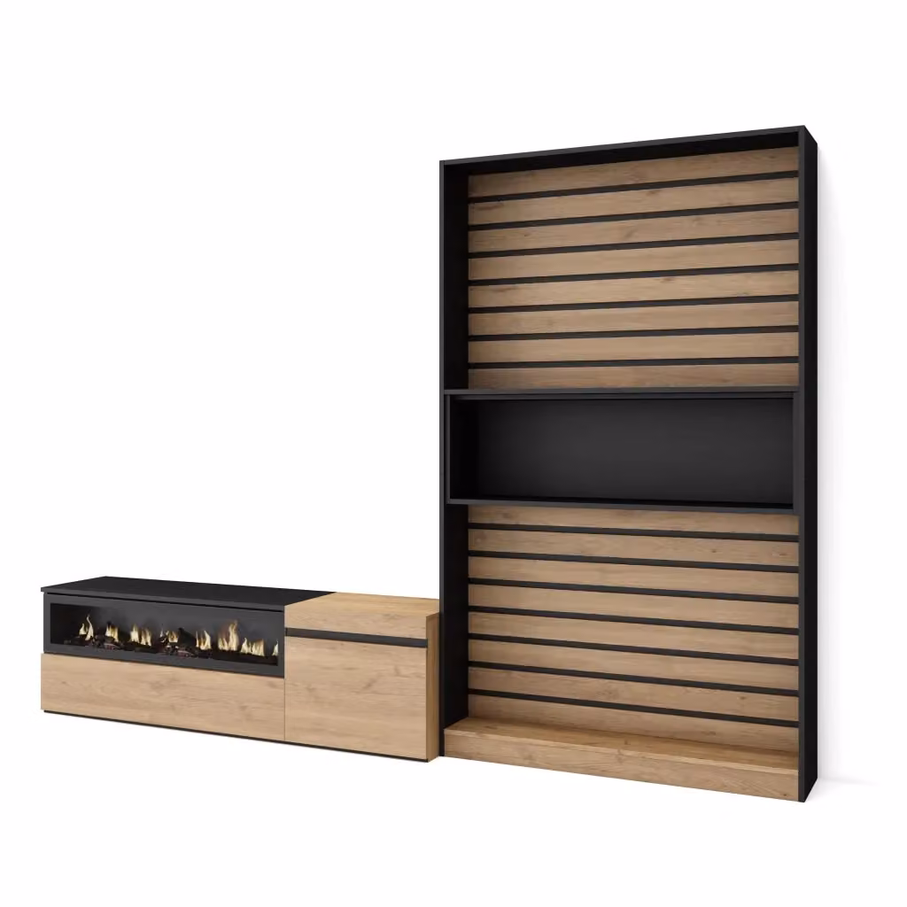 Mobile TV da soggiorno SKRAUT HOME con camino elettrico per TV fino a 65 pollici, colore Rovere e nero, L: 260 cm, P: 35 cm, H: 186 cm – 2