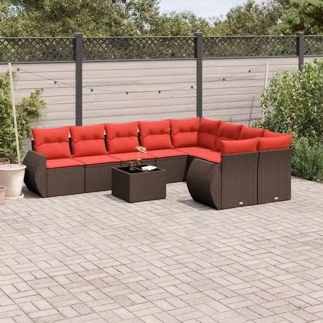 Set Divani da Giardino 10 pz con Cuscini Marrone in Polyrattan 3221853