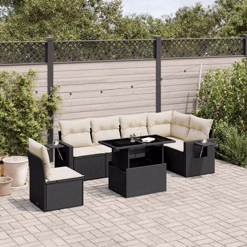 Set Divani da Giardino a L vidaXL in Polyrattan Nero con 7 Cuscini e Tavolino da Esterno – 1