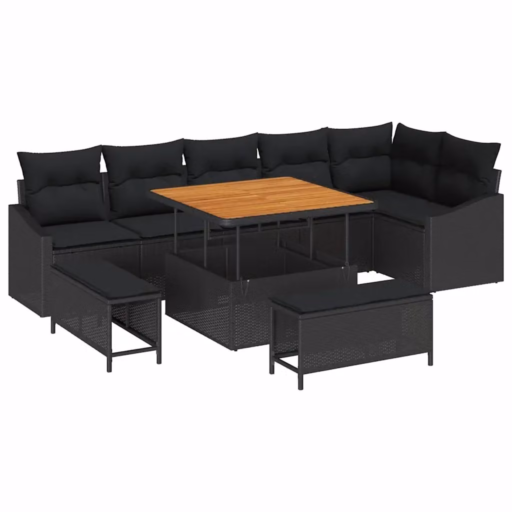 Set Divano da Giardino vidaXL 9 Pezzi Nero con Cuscini e Tavolino in Polyrattan e Acciaio – 2