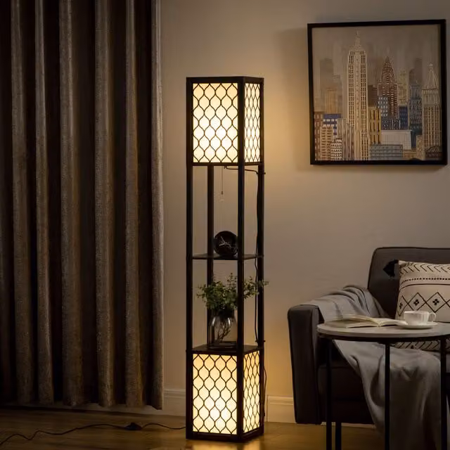 Lampada da terra a colonna HOMCOM con 2 ripiani, design moderno in bianco e nero, H 156 x L 26 x P 26 cm