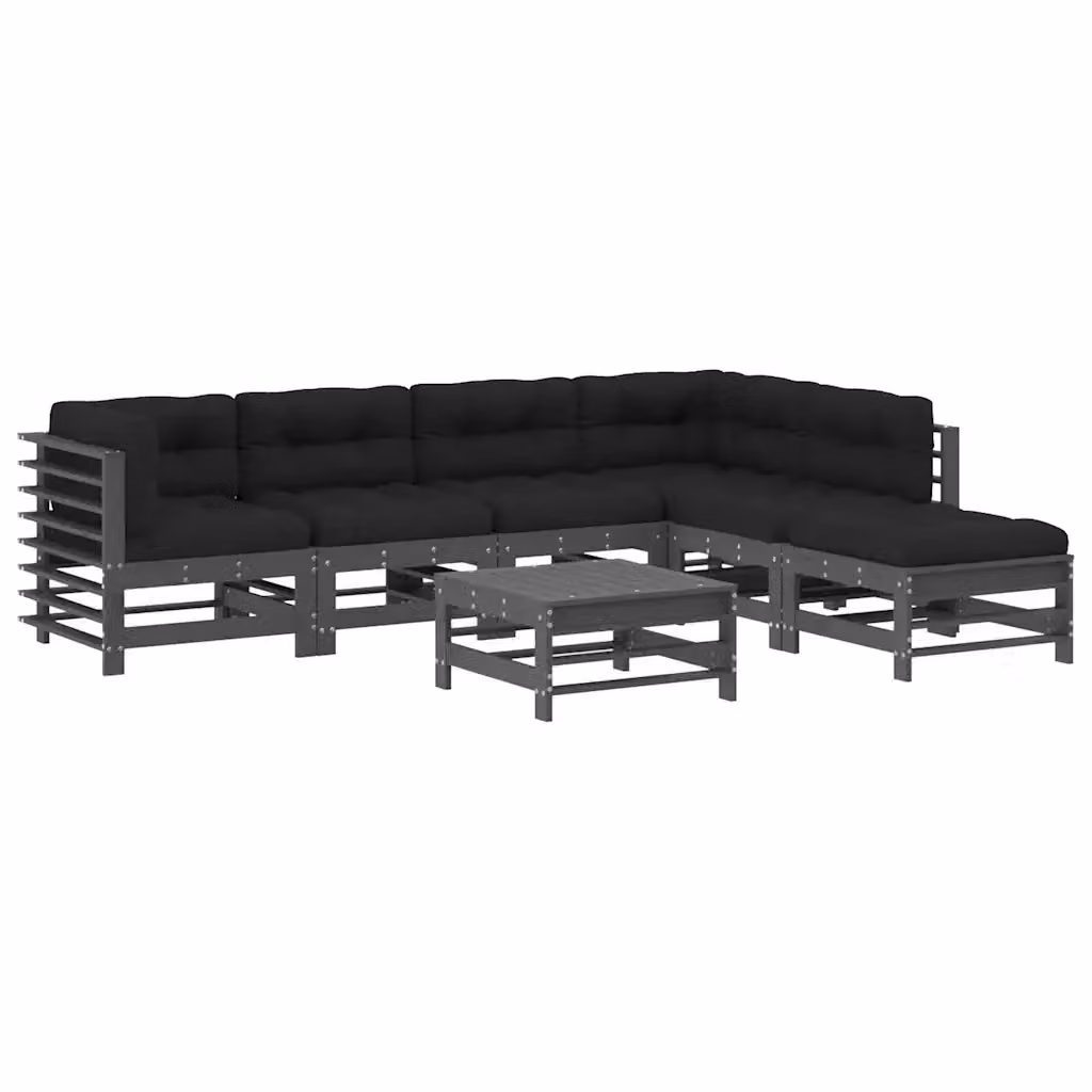 Set di Divani da Giardino vidaXL in Legno Massello di Pino con Cuscini Grigio e Nero, Composizione a L con Divano a 3 Posti, Elemento Angolare e Pouf, 7 Pezzi – 2