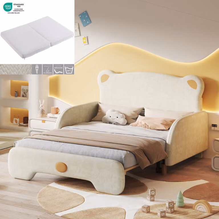 Sweiko (con materasso) letto matrimoniale a forma di orso, letto imbottito, letto per bambini, letto da giorno, letto estraibile, con bordi protettivi morbidi, con doghe in legno, velluto, beige (140x110cm&140x200cm), materasso in spugna bianca
