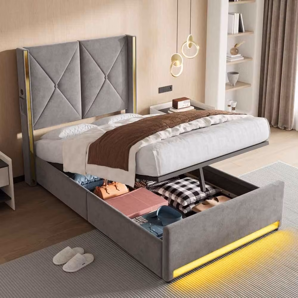 Letto imbottito multifunzionale AIORBER 90x200 cm in velluto, con contenitore, sistema idraulico, illuminazione a LED e porte USB/Type-C, tasche laterali incluse, grigio scuro