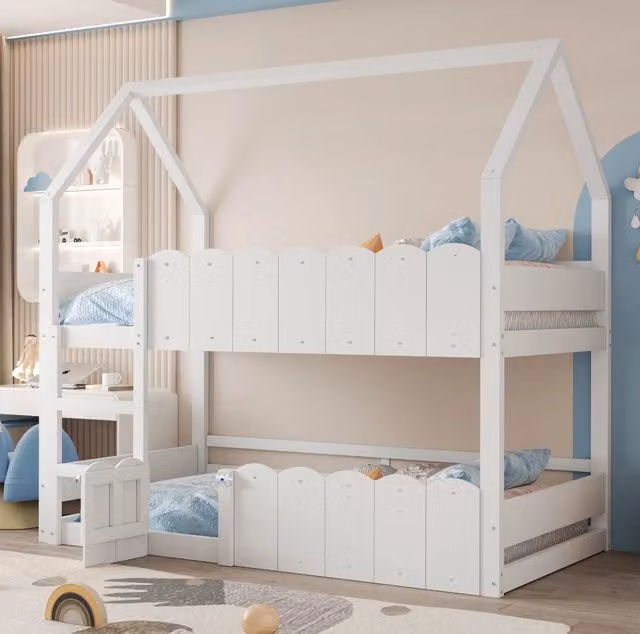 Letto a castello 90x200 cm design a casetta con scala e sponde; legno bianco