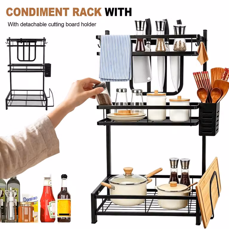 Ripiano per cucina - Ripiano portaoggetti - 3 livelli - Acciaio inossidabile - Porta coltelli - Porta tagliere - 3 ganci - Capacità fino a 15 kg