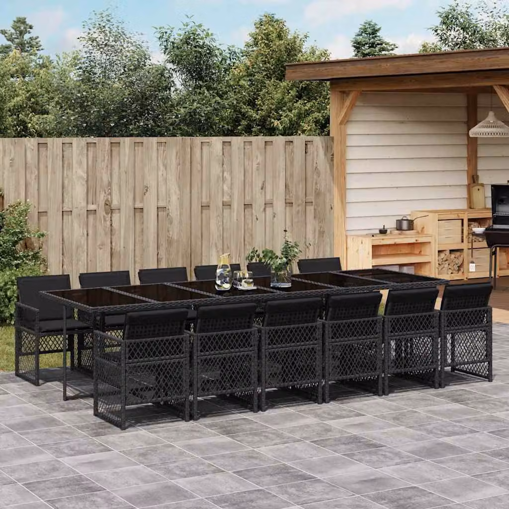 Set da pranzo da giardino vidaXL in polyrattan nero con cuscini e tavolo in vetro, 13 pezzi – 1