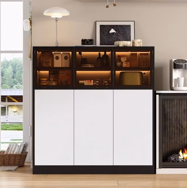 Mobile contenitore con 6 ante e 14 scomparti; LED; 100x40x105 cm; vetro e pannello truciolare; nero/bianco