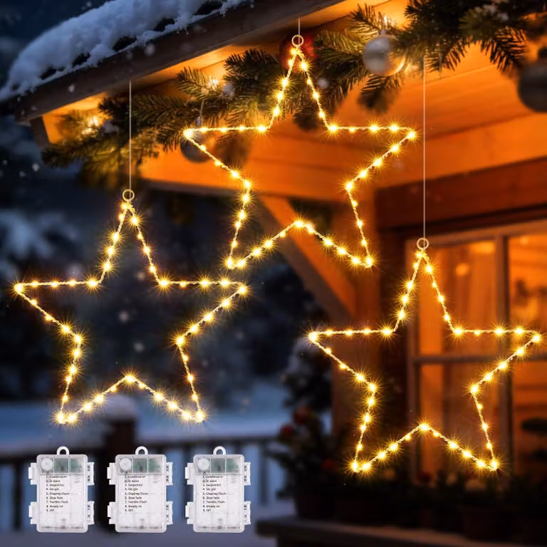 Catena luminosa per finestre, confezione da 3, 135 LED, luce bianca calda, alimentazione a batteria
