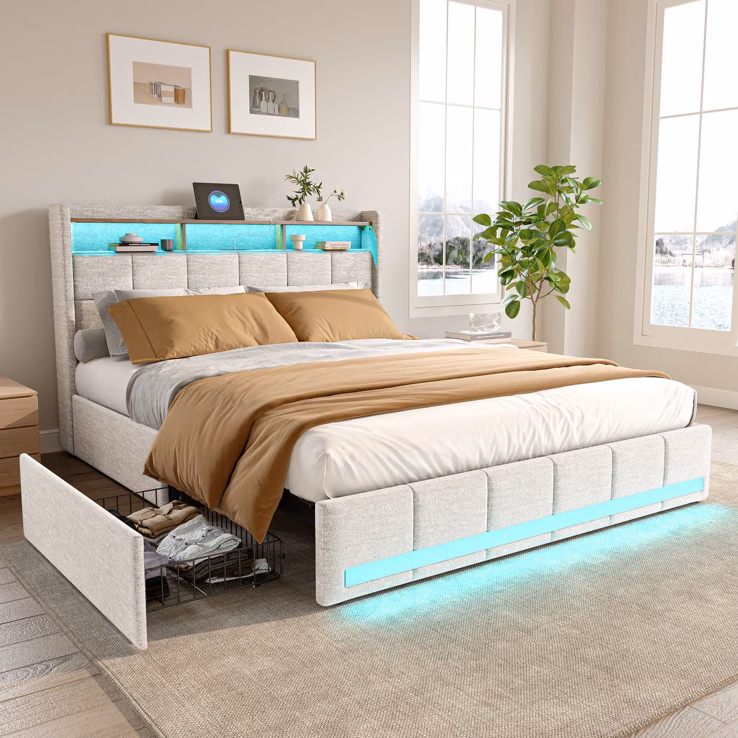 CDGlobal letto imbottito 140x200cm con USB e Type-C, letto per ragazzi letto matrimoniale con 4 cassetti, letto contenitore letto in legno massiccio con LED e rete a doghe, biancheria