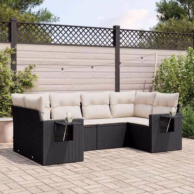 Set Divano da Giardino vidaXL 6 pz a Forma a L con Cuscini, Tavolino e Poltrona Lounge, Nero e Bianco in Polyrattan e Acciaio Verniciato a Polvere
