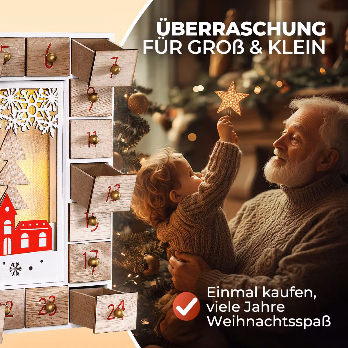 Calendario dell'avvento LED Babbo Natale Spielwerk in legno bianco, oro e multicolore da tavolo – 2