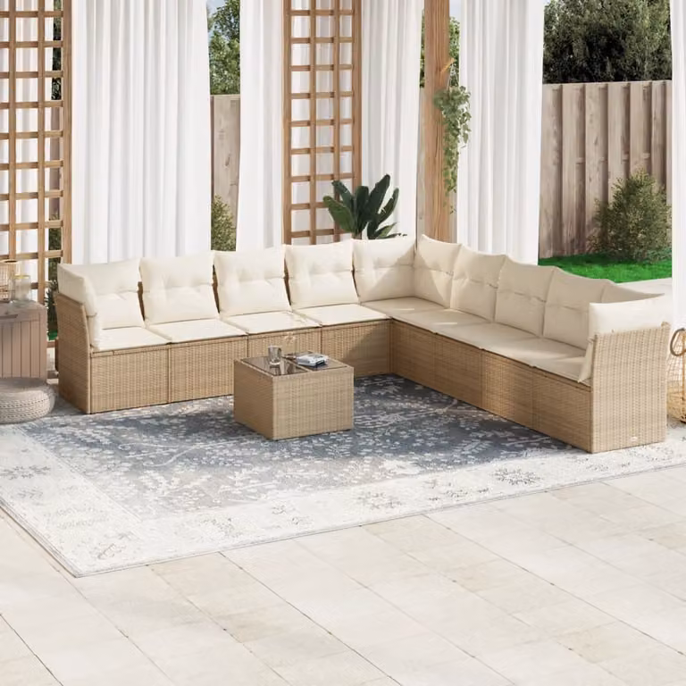vidaXL Set Divano da Giardino 10 pz a Forma di L con Cuscini Beige e Tavolino da Esterno