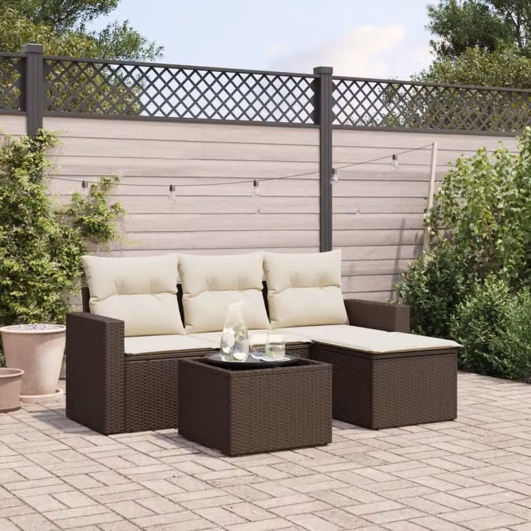 vidaXL Set Divano da Giardino a L 5 pz in Polyrattan Marrone con Cuscini e Tavolino da Esterno