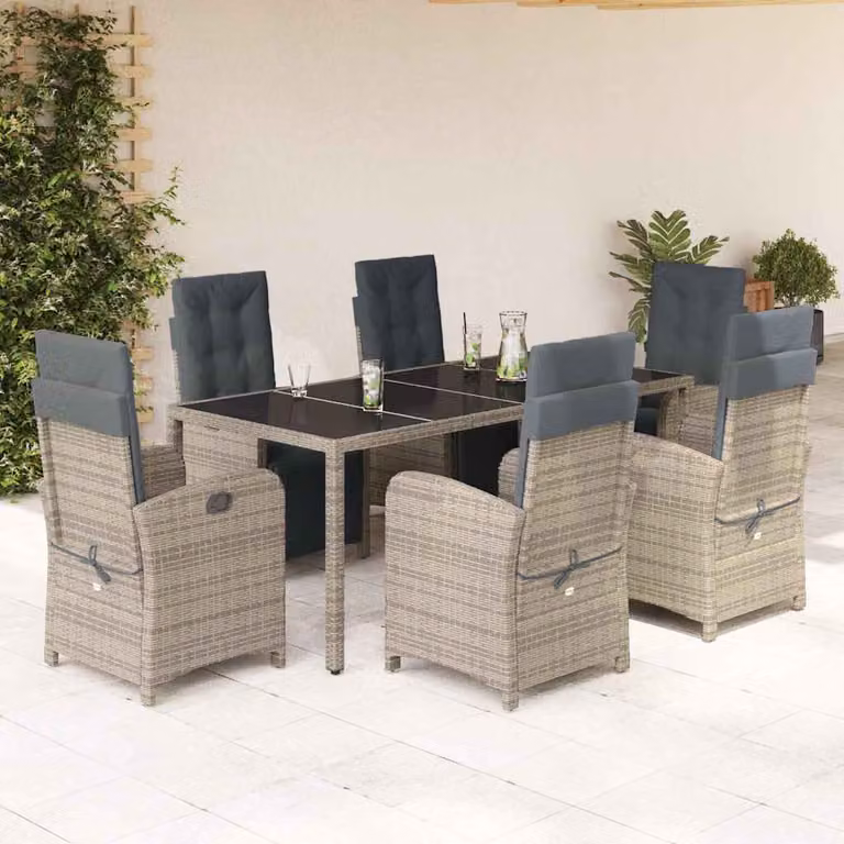 Set da Pranzo da Giardino vidaXL 7 pz in Polyrattan Grigio e Nero con Cuscini e Piano in Vetro