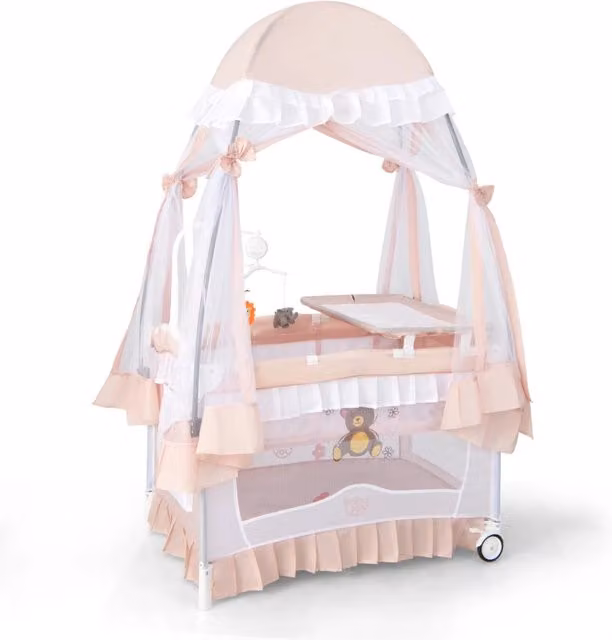 Culla neonati 4 in 1 Design Mania convertibile con fasciatoio, zanzariera rimovibile, lettino da viaggio pieghevole con ruote e carillon, colore Rosa, L: 190 cm, P: 126 cm, H: 78 cm