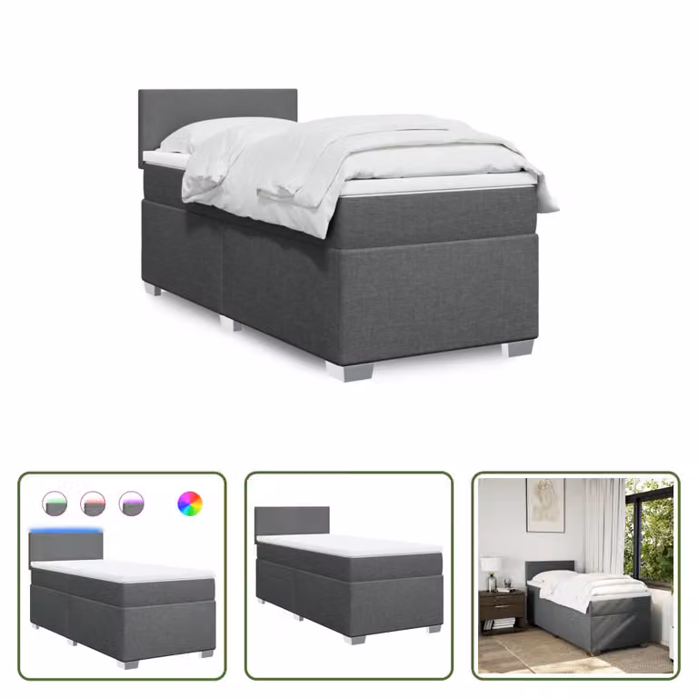 The Living Store Letto a molle con materasso grigio scuro 100x200 cm in tessuto