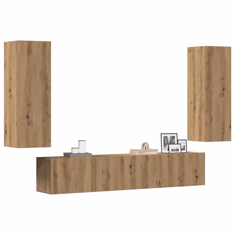 Set di 4 mobili TV da parete vidaXL in legno multistrato e MDF, stile moderno, colore rovere marrone, L: 90 cm, P: 30,5 cm, H: 30 cm