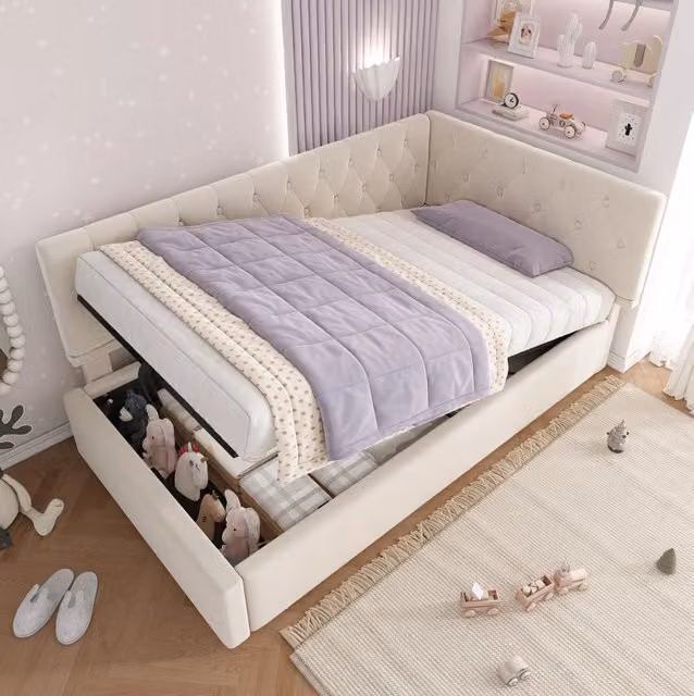Letto imbottito 90x200 cm con contenitore idraulico, struttura in velluto beige, rete a doghe in legno, senza materasso