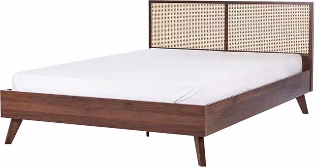 Letto matrimoniale in legno di pioppo scuro con testiera in vimini 160 x 200 cm camera da letto moderna boho minimalista