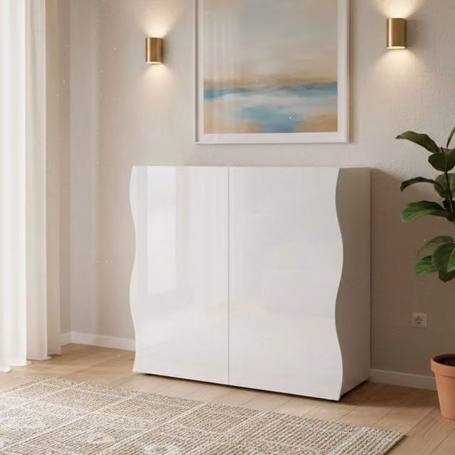 Credenza Anifares DMORA, Madia di design a 2 ante Made in Italy, Mobile Porta TV e Buffet per soggiorno, Bianco lucido, L: 90 cm, P: 40 cm, H: 81 cm