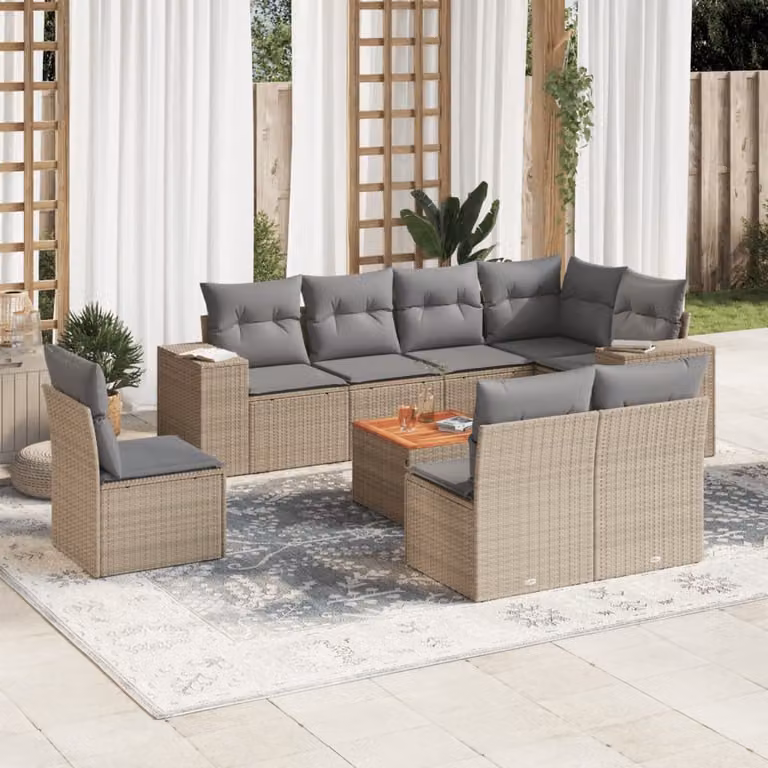 vidaXL Set Divano da Giardino a L in Polyrattan con Cuscini Beige e Tavolino da Esterno 9 pz